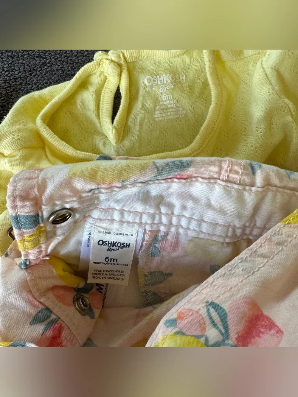 OshKosh Lemon Citrus Pink Overall Shortall Yellow Bodysuit Set Baby Girl 6M